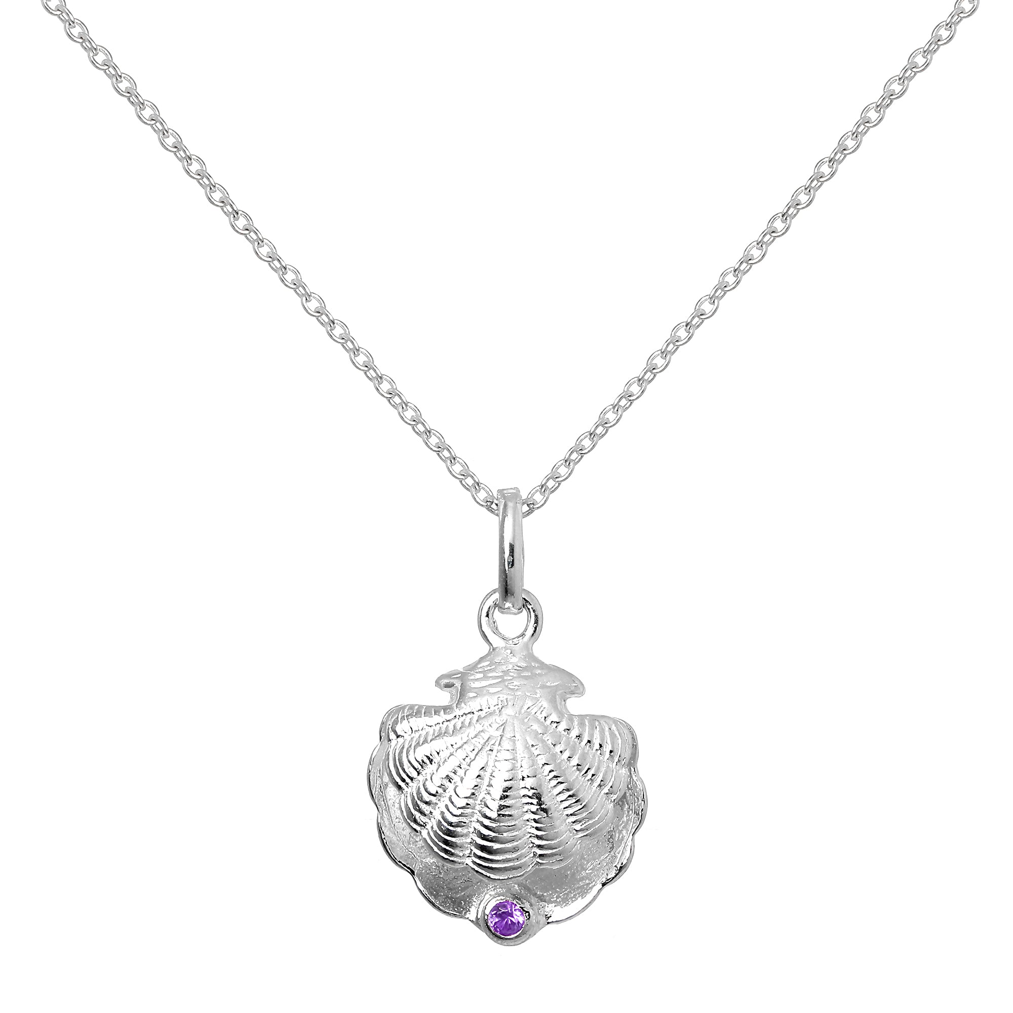 Sterling Silver Oyster Shell with CZ Crystal Amethyst Birthstone Necklace
