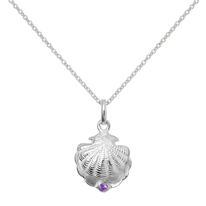 Sterling Silver Oyster Shell with CZ Crystal Amethyst Birthstone Necklace