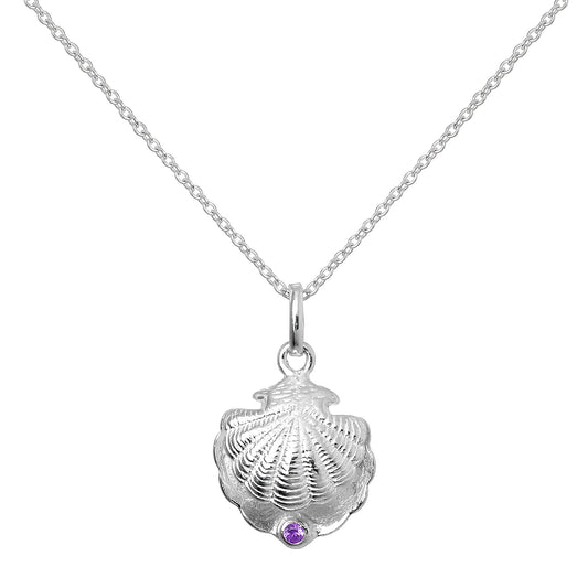 Sterling Silver Oyster Shell with CZ Crystal Amethyst Birthstone Necklace