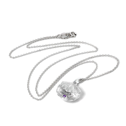 Sterling Silver Oyster Shell with CZ Crystal Amethyst Birthstone Necklace