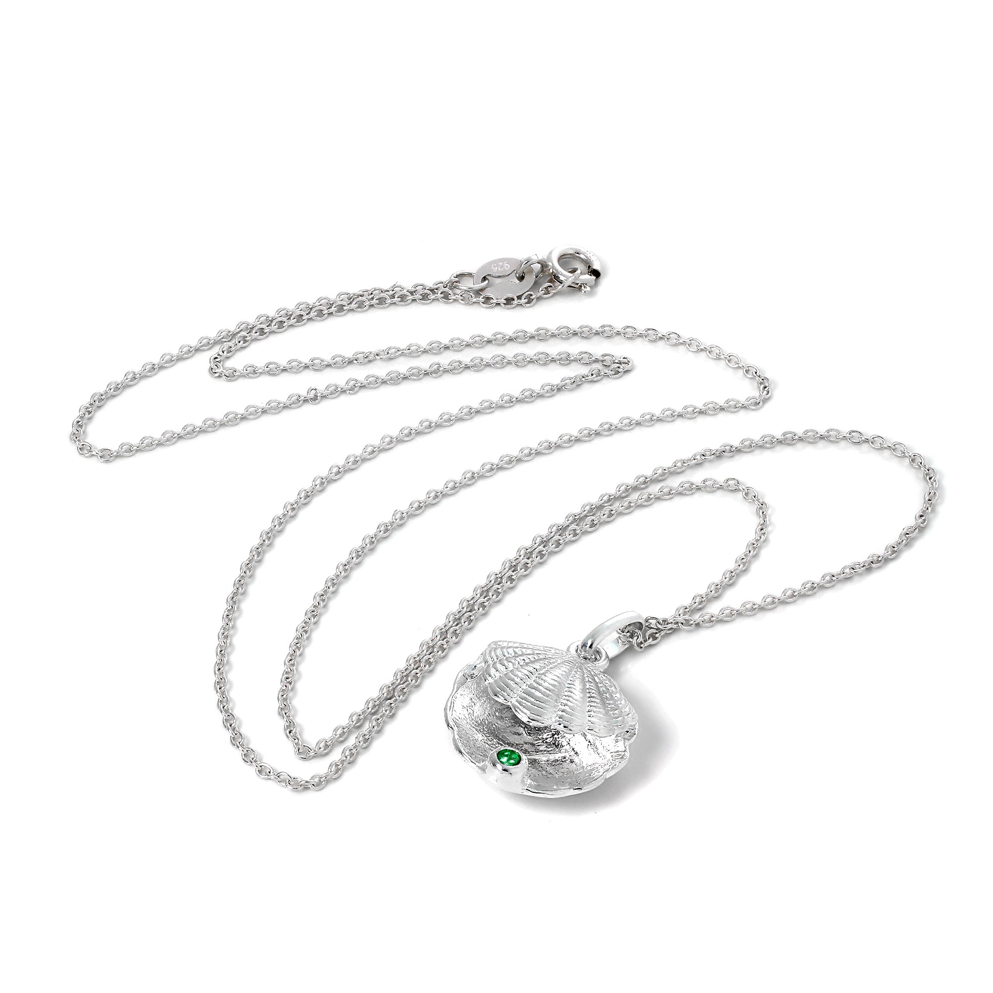Sterling Silver Oyster Shell with CZ Crystal Emerald Birthstone Necklace