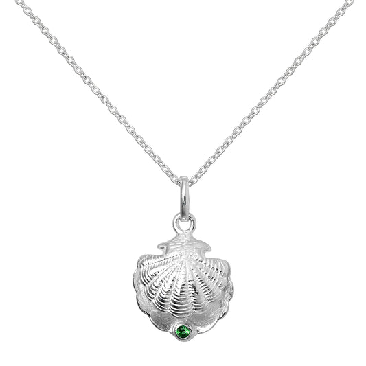 Sterling Silver Oyster Shell with CZ Crystal Emerald Birthstone Necklace
