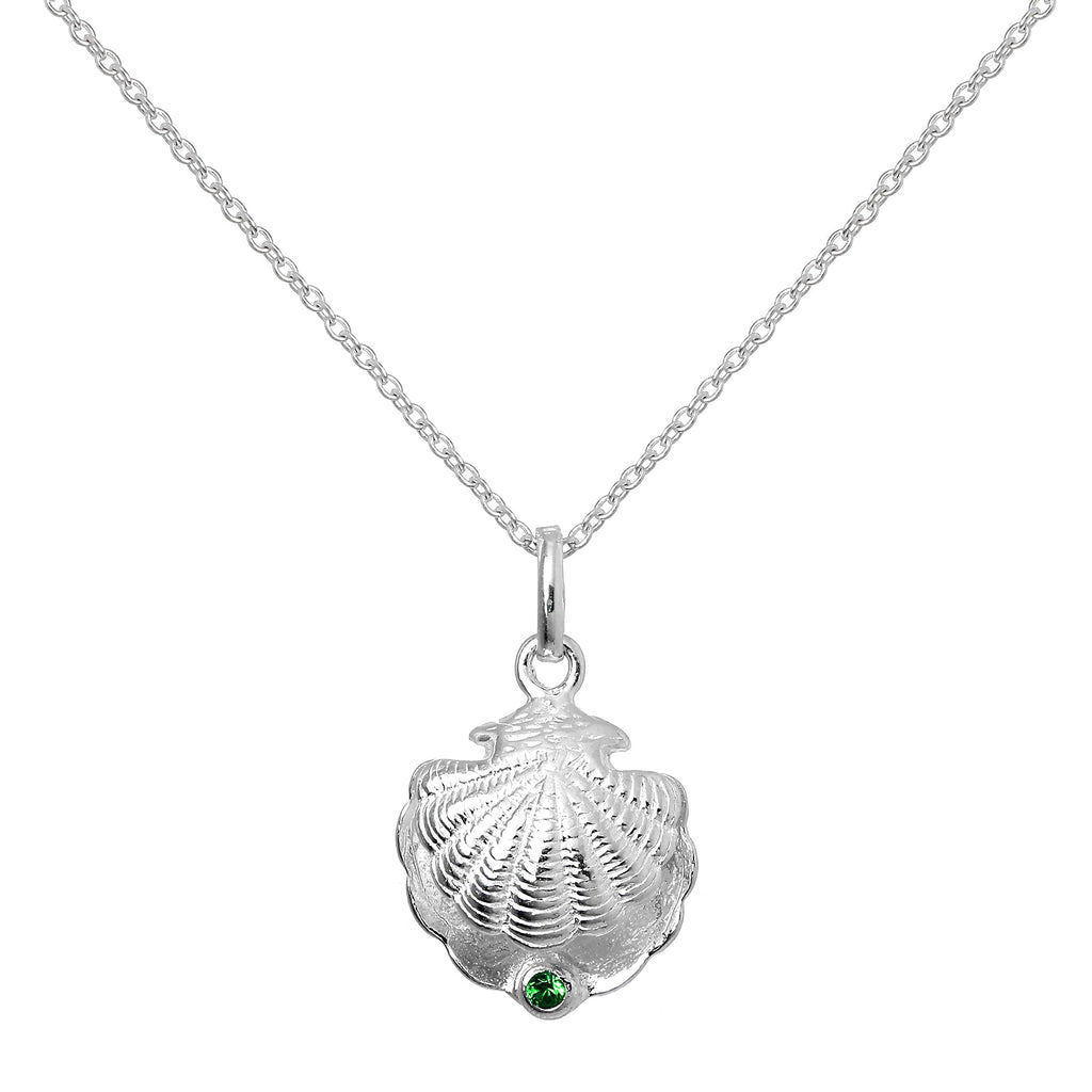 Sterling Silver Oyster Shell with CZ Crystal Emerald Birthstone Necklace