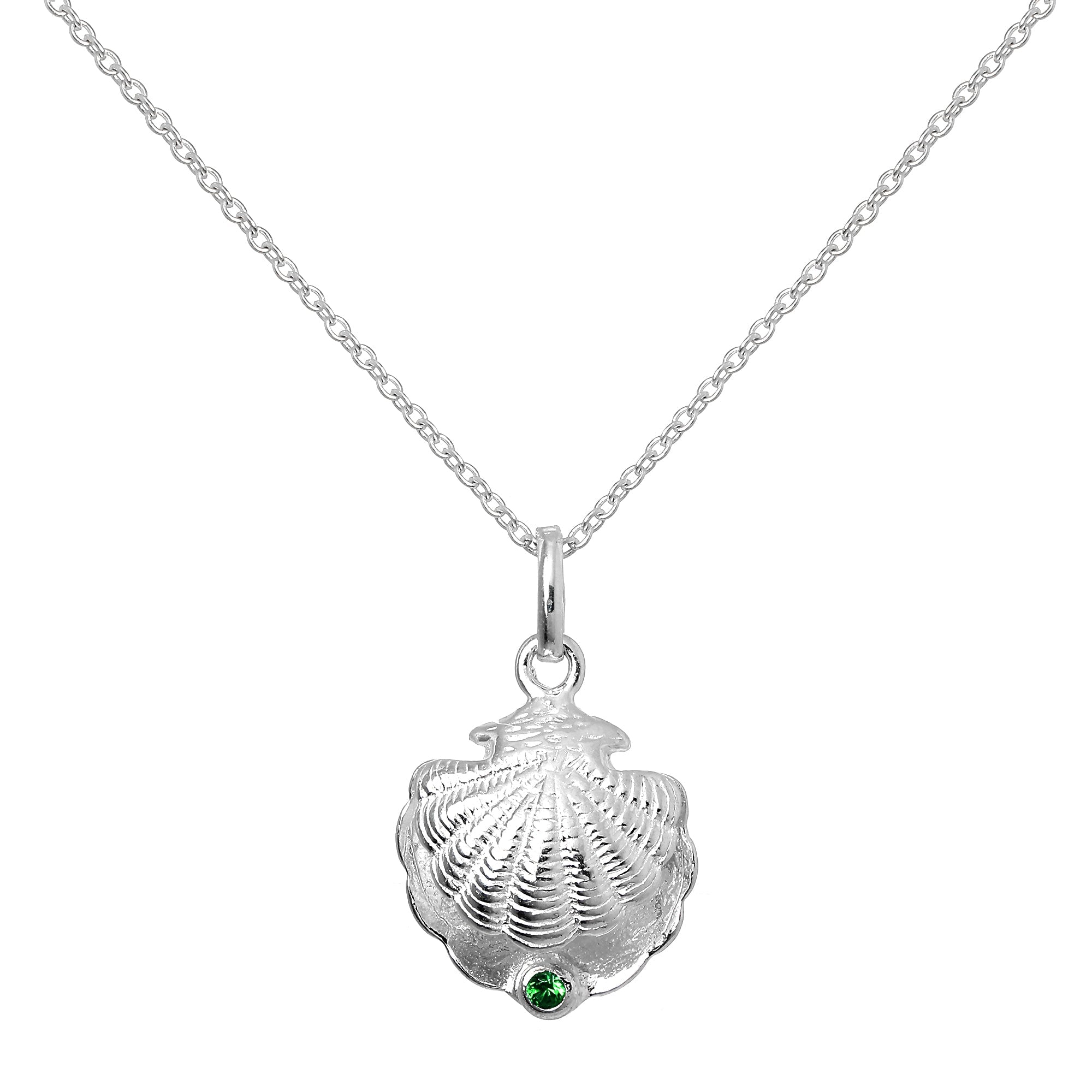 Sterling Silver Oyster Shell with CZ Crystal Emerald Birthstone Necklace