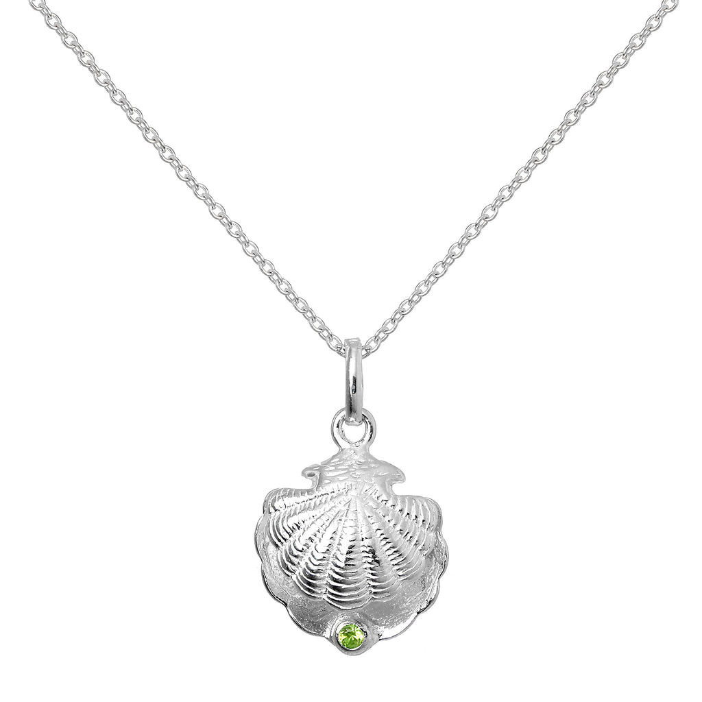 Sterling Silver Oyster Shell with CZ Crystal Peridot Birthstone Necklace