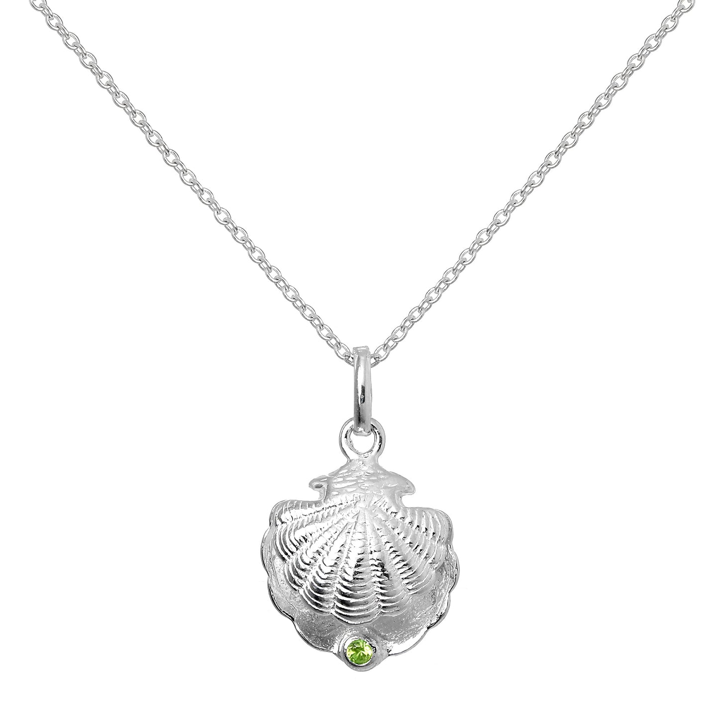 Sterling Silver Oyster Shell with CZ Crystal Peridot Birthstone Necklace
