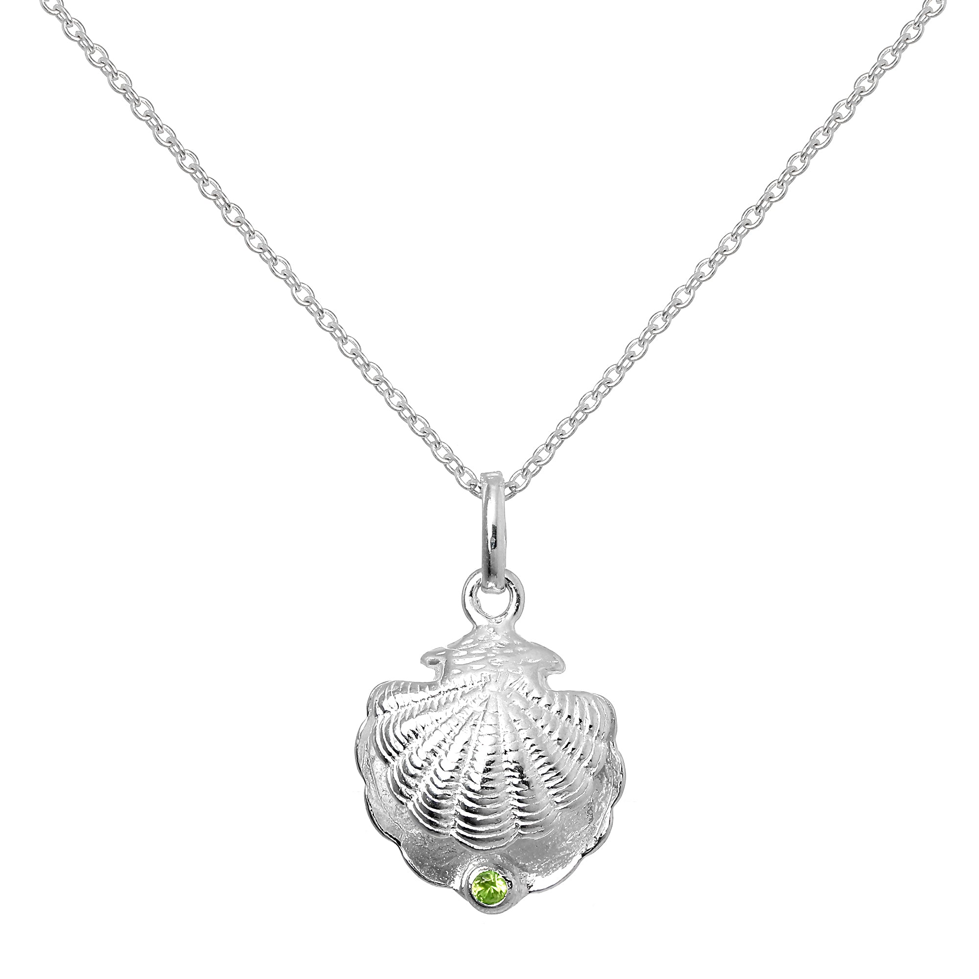 Sterling Silver Oyster Shell with CZ Crystal Peridot Birthstone Necklace