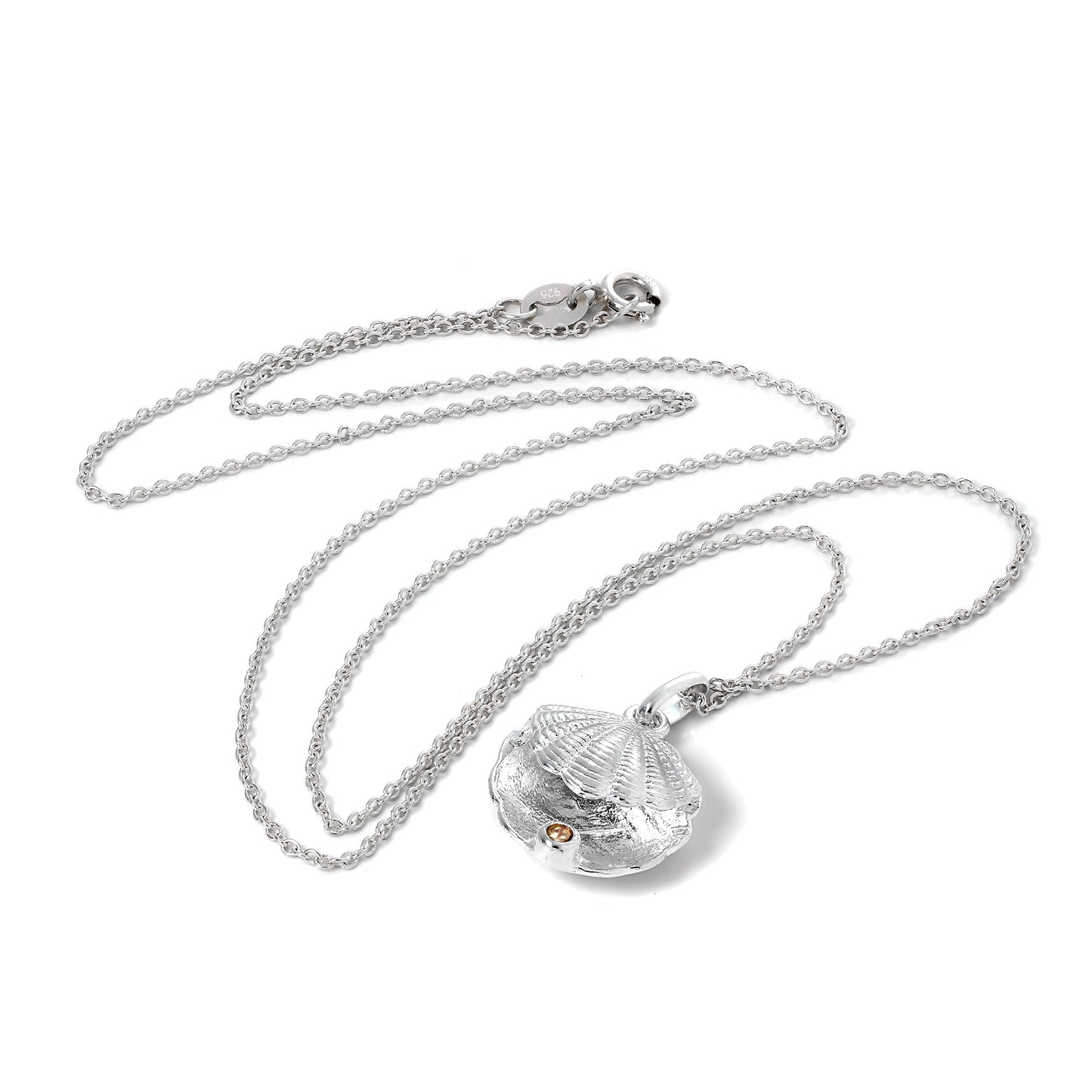 Sterling Silver Oyster Shell with CZ Crystal Topaz Birthstone Necklace