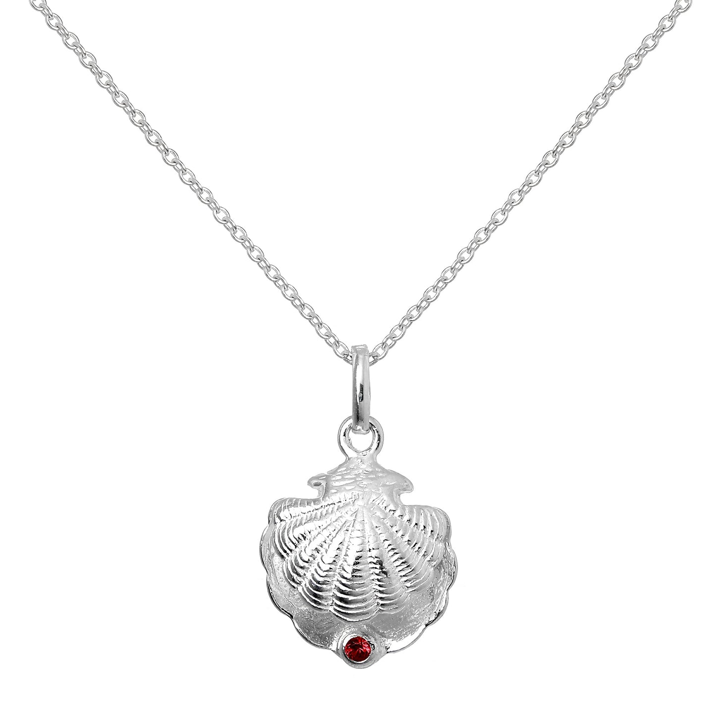 Sterling Silver Oyster Shell with CZ Crystal Siam Birthstone Necklace