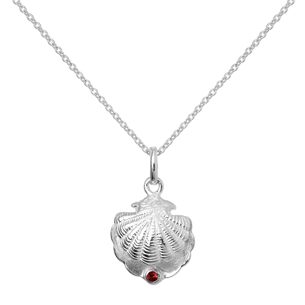 Sterling Silver Oyster Shell with CZ Crystal Siam Birthstone Necklace