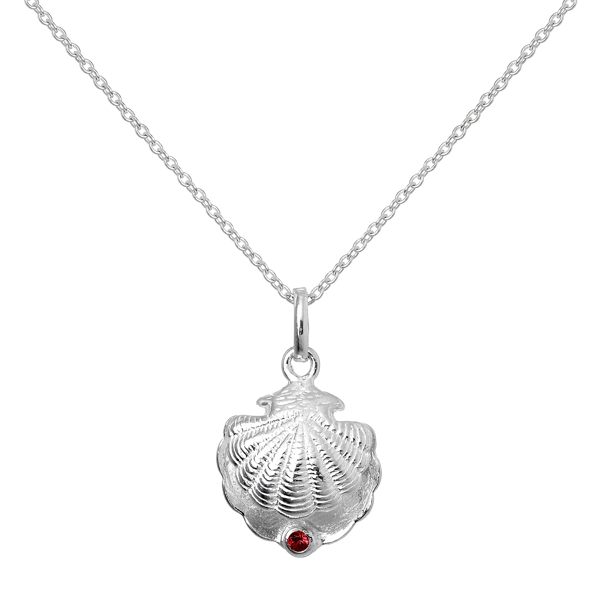 Sterling Silver Oyster Shell with CZ Crystal Siam Birthstone Necklace