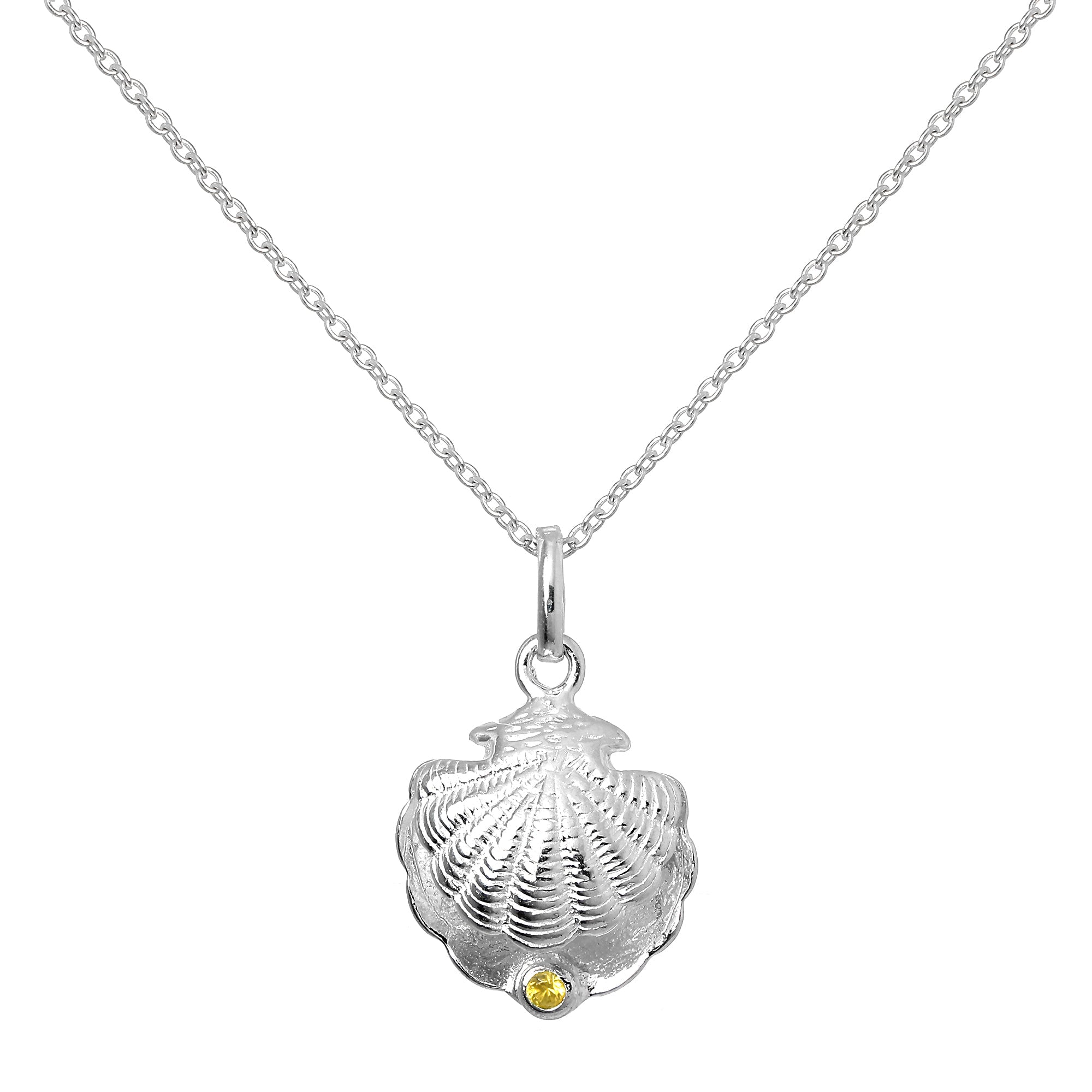 Sterling Silver Oyster Shell with CZ Crystal Citrine Birthstone Necklace