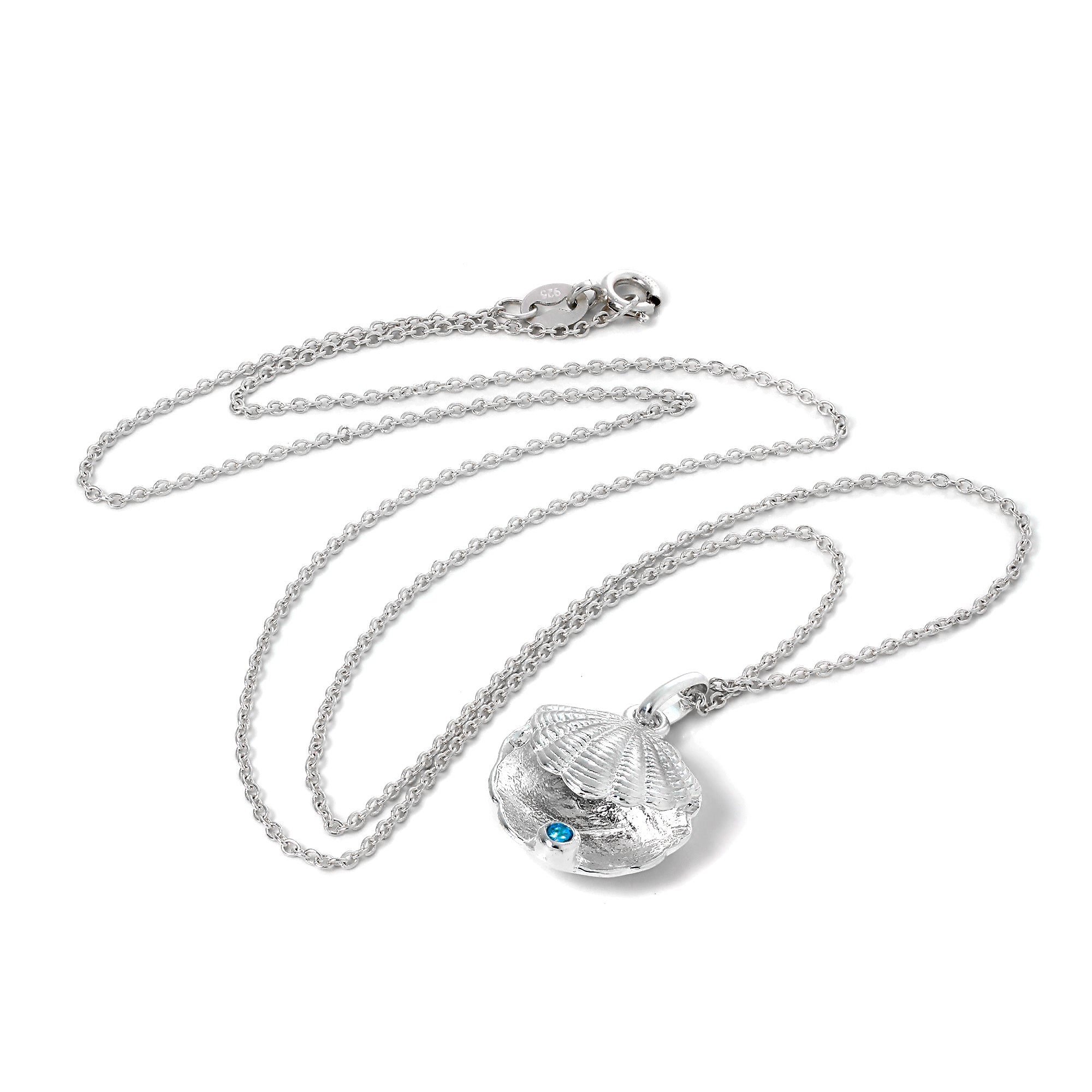 Sterling Silver Oyster Shell with CZ Crystal Blue Zircon Birthstone Necklace