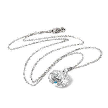Sterling Silver Oyster Shell with CZ Crystal Blue Zircon Birthstone Necklace