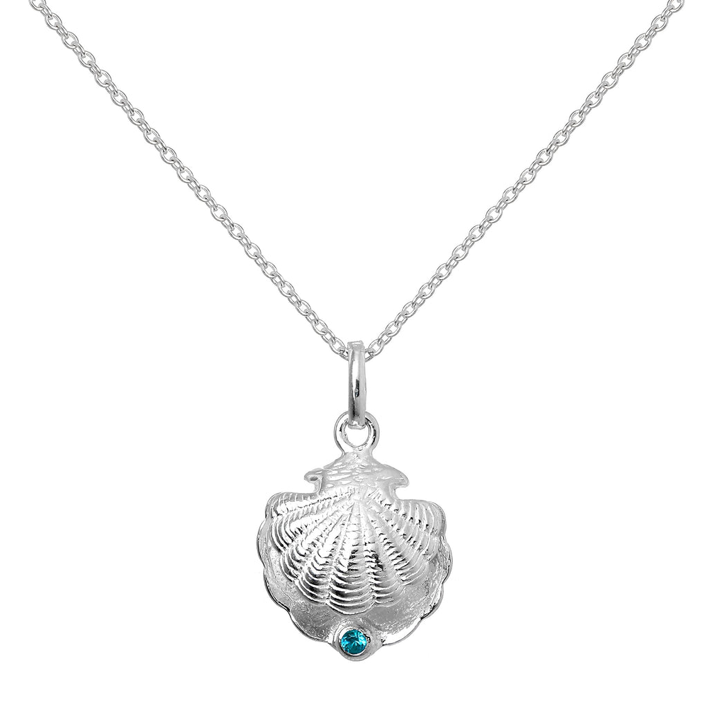 Sterling Silver Oyster Shell with CZ Crystal Blue Zircon Birthstone Necklace