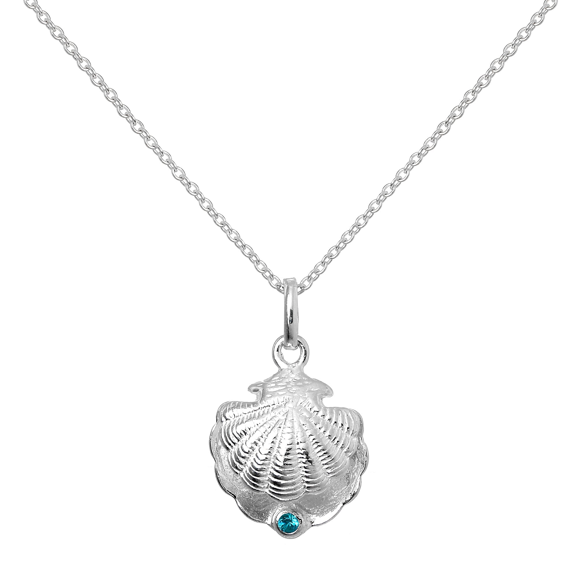 Sterling Silver Oyster Shell with CZ Crystal Blue Zircon Birthstone Necklace