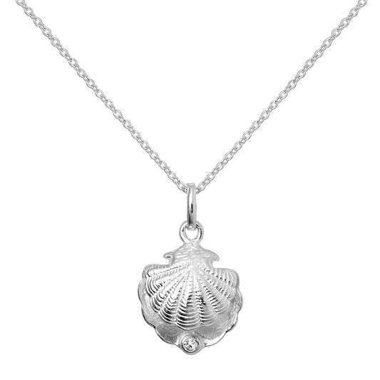 Sterling Silver Oyster Shell with CZ Crystal Clear Birthstone Necklace