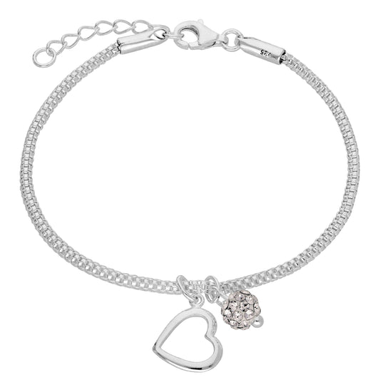 Sterling Silver Snake Bracelet with Open Heart & CZ Crystal Ball Charms
