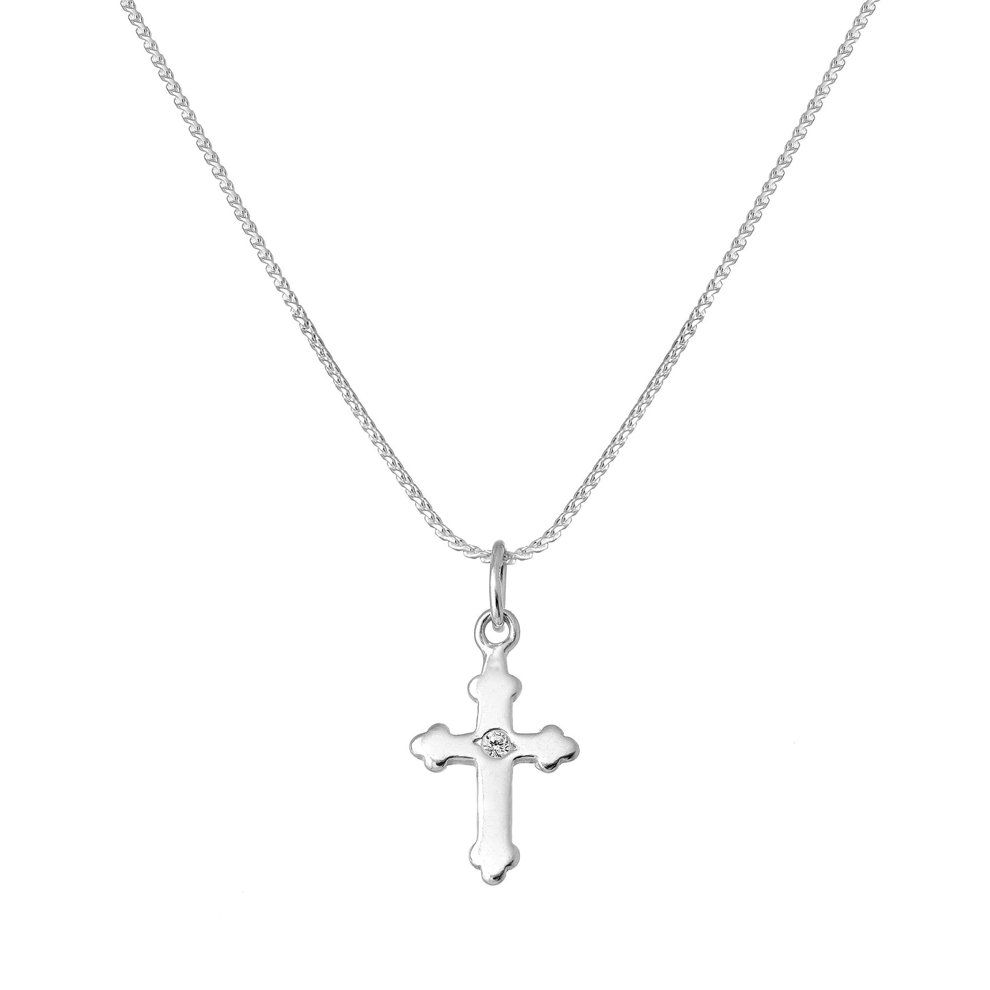 Tiny Sterling Silver Gothic Cross Pendant Necklace with CZ Crystal 16 - 22 Inches