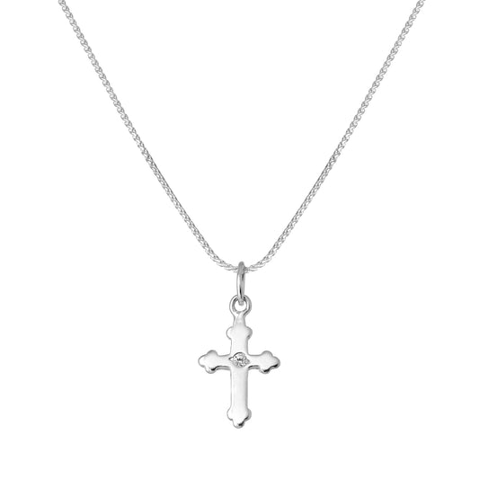 Tiny Sterling Silver Gothic Cross Pendant Necklace with CZ Crystal 16 - 22 Inches