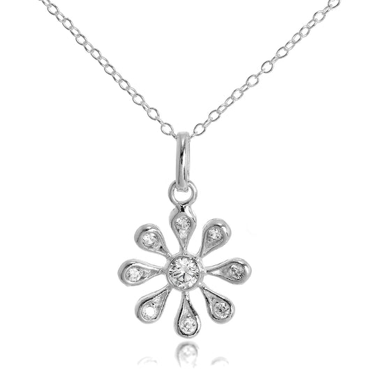 Sterling Silver & CZ Crystals Flower Pendant Necklace on 16 Inch Chain