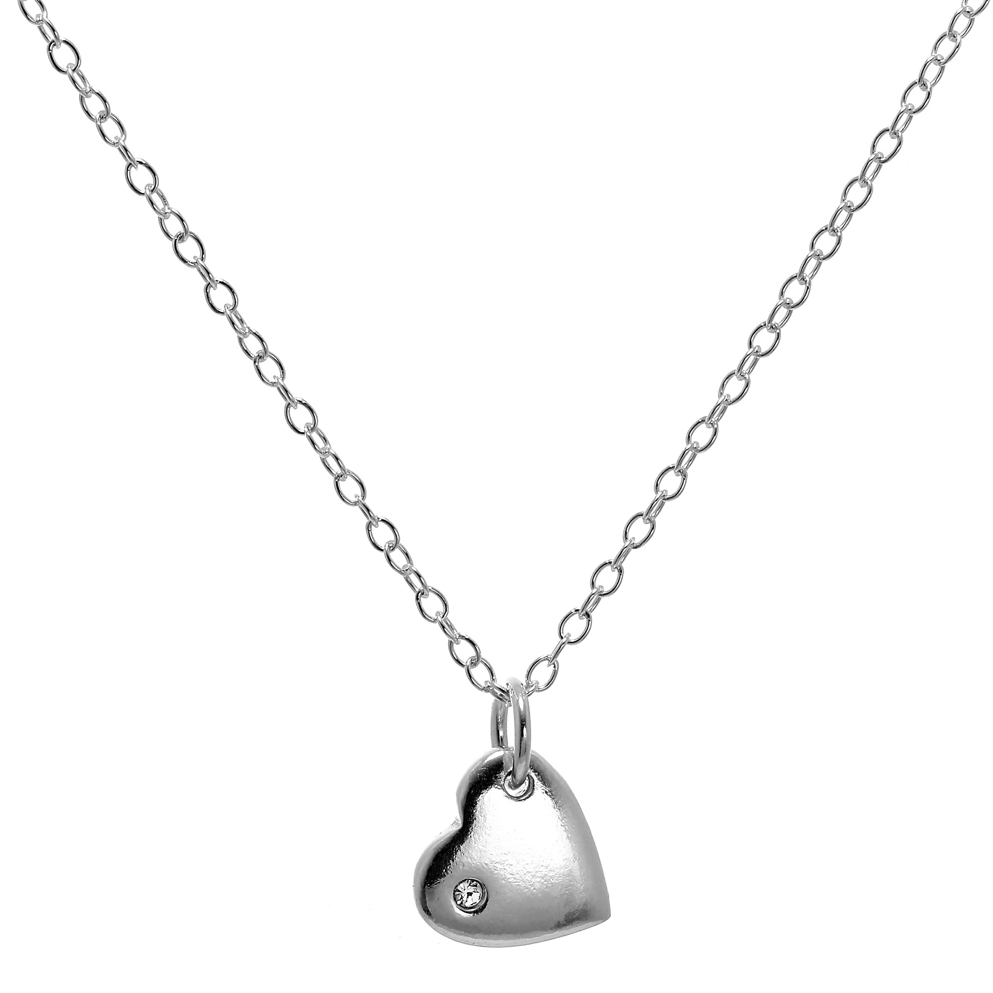 Sterling Silver 18 Inch Belcher Chain Heart Necklace with CZ Crystal