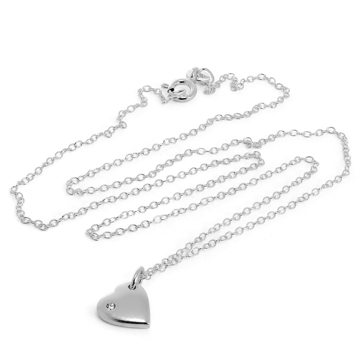 Sterling Silver 18 Inch Belcher Chain Heart Necklace with CZ Crystal