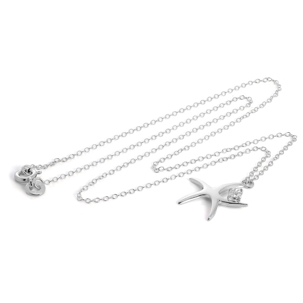 Sterling Silver Starfish with CZ Crystal Pendant Necklace on 16 Inch Chain