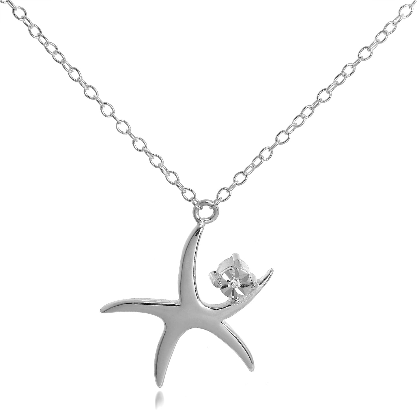 Sterling Silver Starfish with CZ Crystal Pendant Necklace on 16 Inch Chain