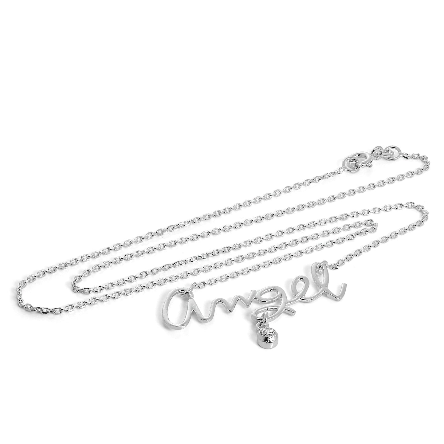 Sterling Silver & CZ Crystal Angel Necklace on 18 Inch Chain