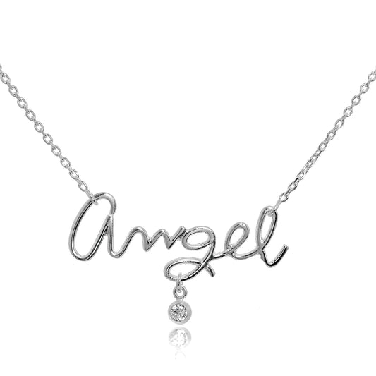Sterling Silver & CZ Crystal Angel Necklace on 18 Inch Chain