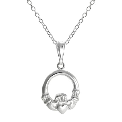 Sterling Silver Round Claddagh Pendant Necklace on 18 Inch Chain