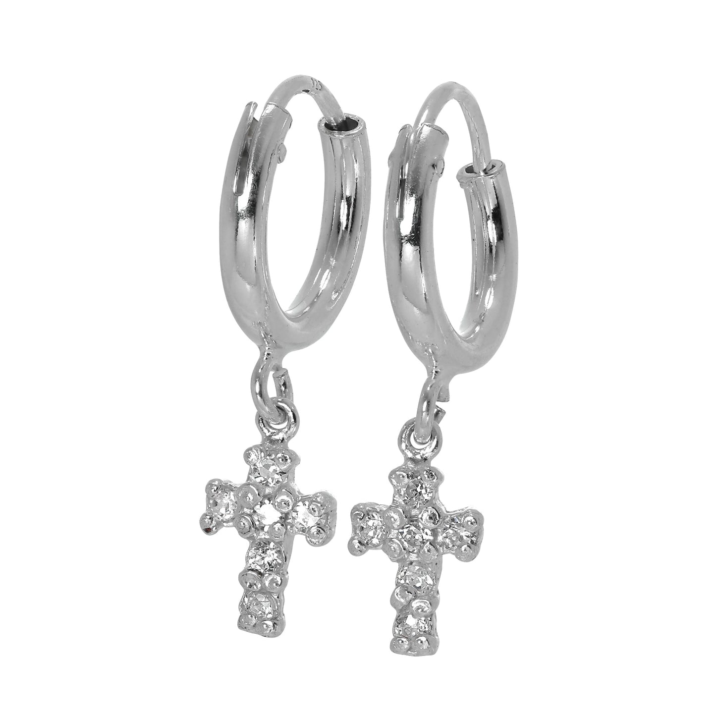 Sterling Silver Sleeper Hoop Earrings with CZ Crystal Encrusted Cross