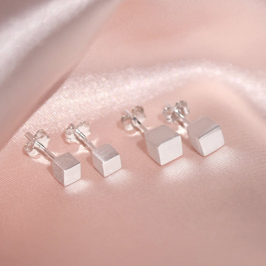 Brushed Sterling Silver Cube Stud Earrings 4mm - 7mm