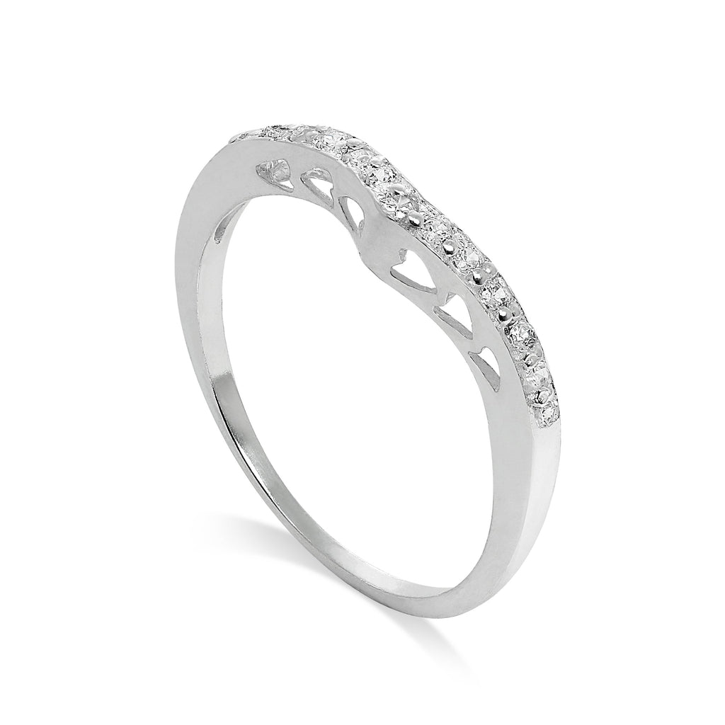 Sterling Silver & CZ Crystal Wishbone Ring with Hearts Size I - W