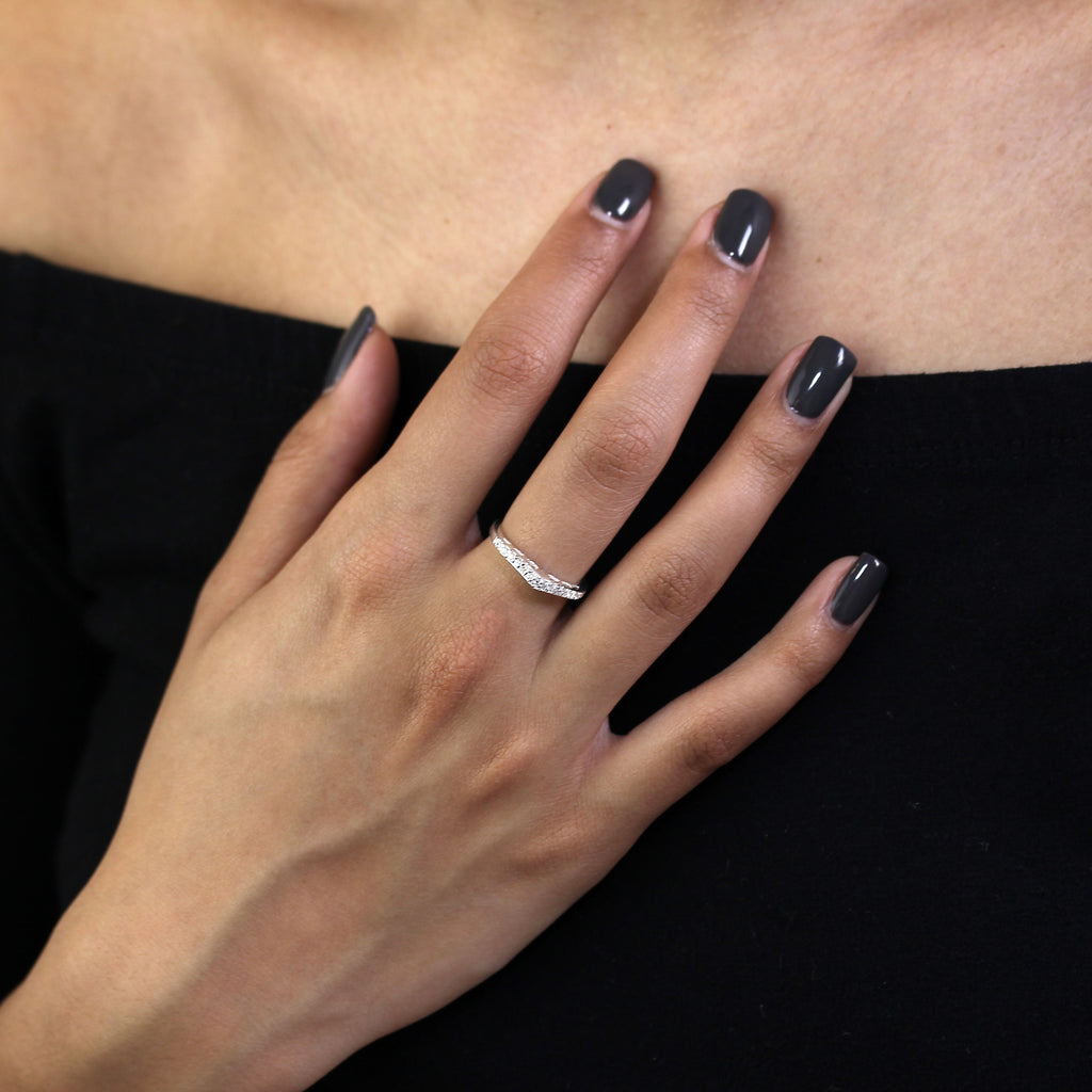 Sterling Silver & CZ Crystal Wishbone Ring with Hearts Size I - W