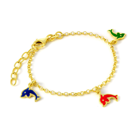 Gold Plated Sterling Silver Rolo Charm Bracelet with Enamel Dolphins