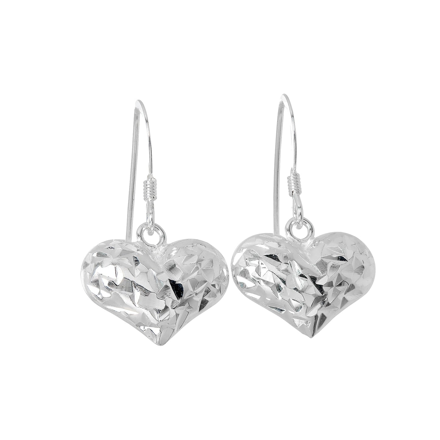 Sterling Silver Diamond Cut Puffed Heart Dangle Earrings