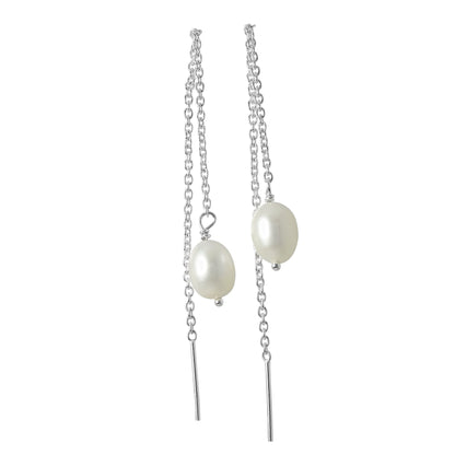 Sterling Silver & Freshwater Pearl Pull Through Chain Earrings