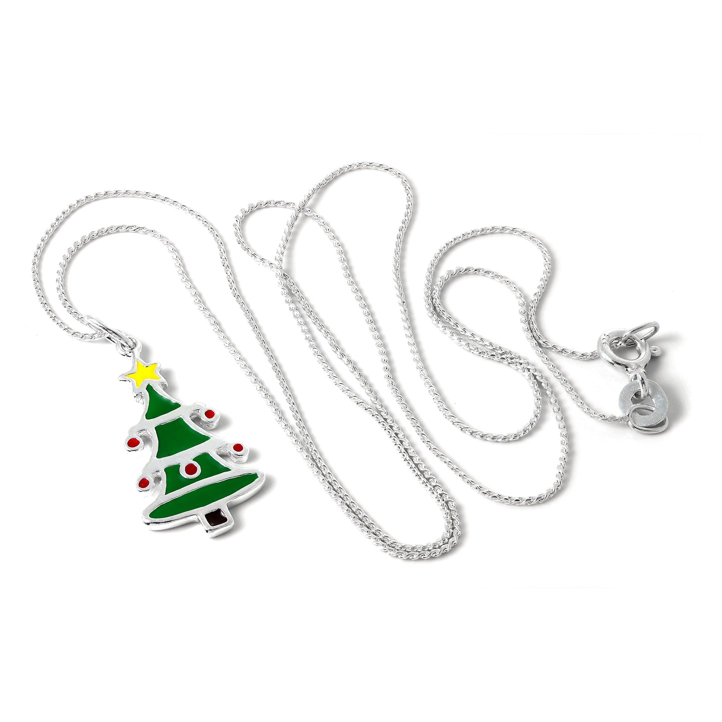 Sterling Silver Enamelled Christmas Tree Pendant Necklace 16 - 22 Inches
