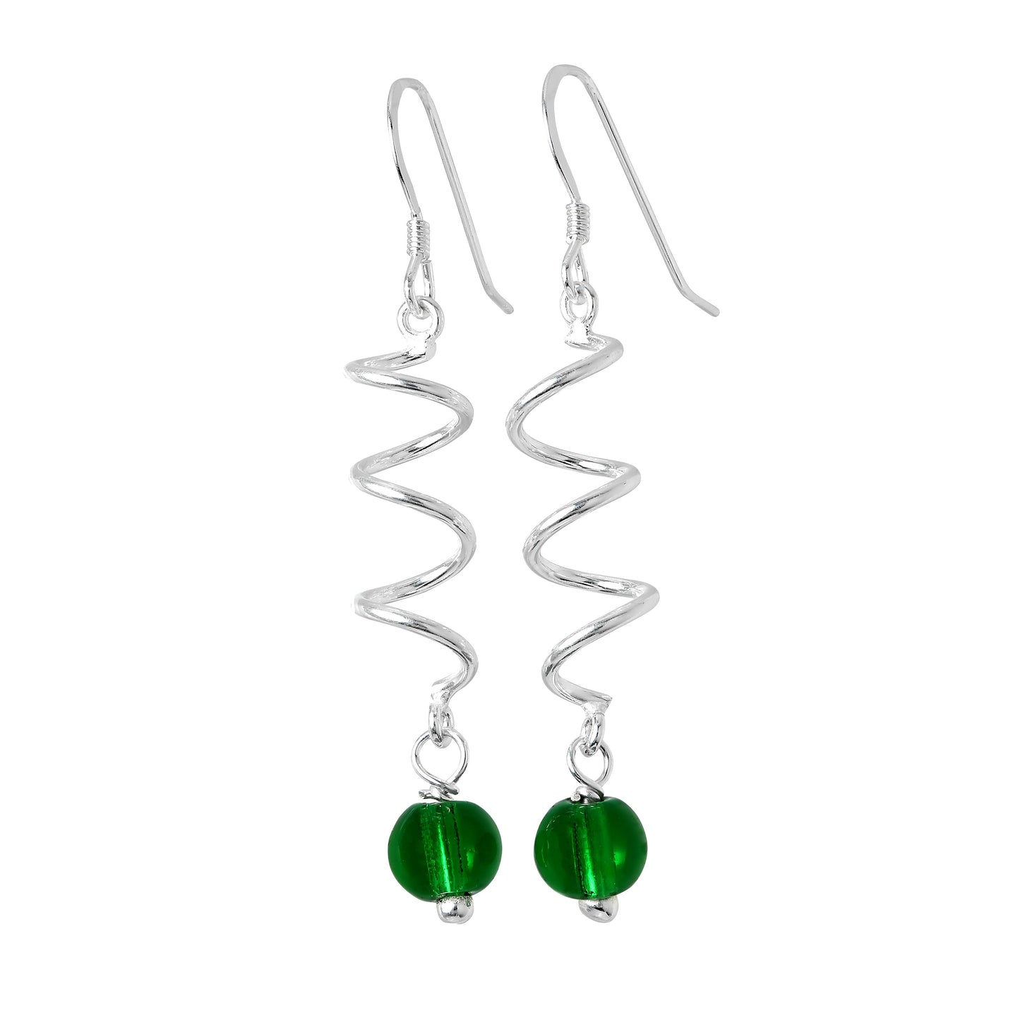 Sterling Silver & Emerald Glass Bead Twist Drop Earrings