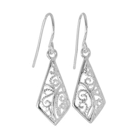 Sterling Silver Filigree Diamond Shaped Leaf Dangle Earrings