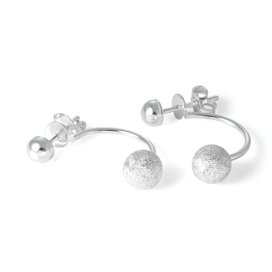 Sterling Silver Frosted Ball Half Hoop Stud Earrings