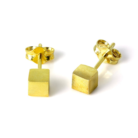 Gold Plated Sterling Silver Matt Finish 4mm Cube Stud Earrings