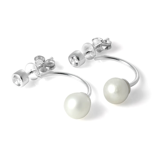 Sterling Silver Ear Jacket Stud Earrings with CZ Crystal & Pearl