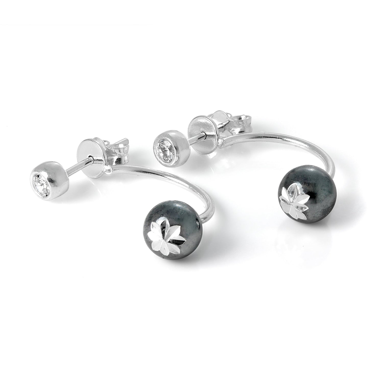 Diamond Cut Sterling Silver Ear Jacket Stud Earrings with CZ Crystal