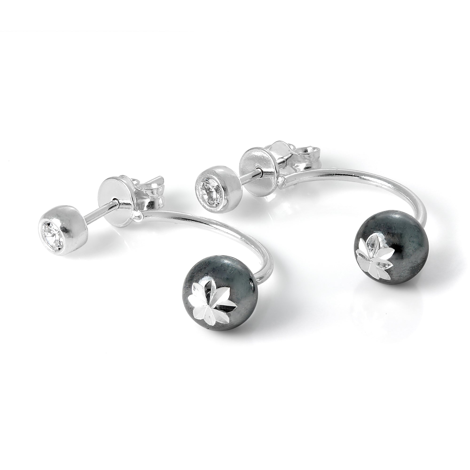 Diamond Cut Sterling Silver Ear Jacket Stud Earrings with CZ Crystal