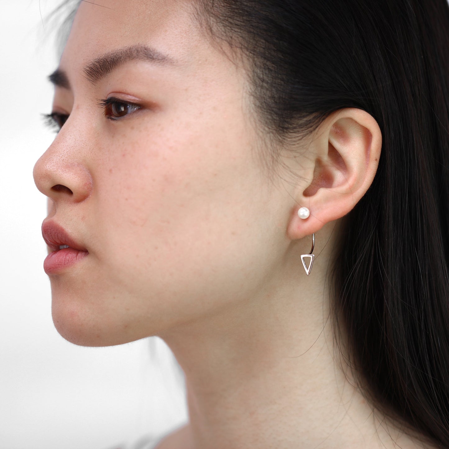 Sterling Silver Ear Jacket Stud Earrings with Open Triangle & Pearl