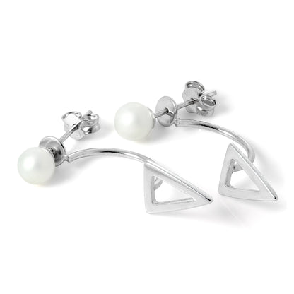 Sterling Silver Ear Jacket Stud Earrings with Open Triangle & Pearl