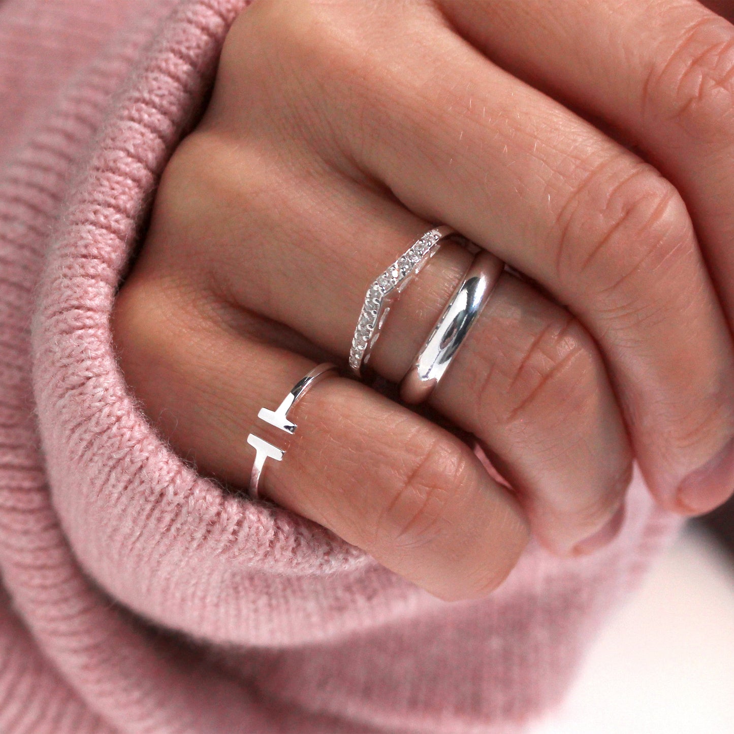 Sterling Silver & CZ Crystal Wishbone Ring with Hearts Size I - W
